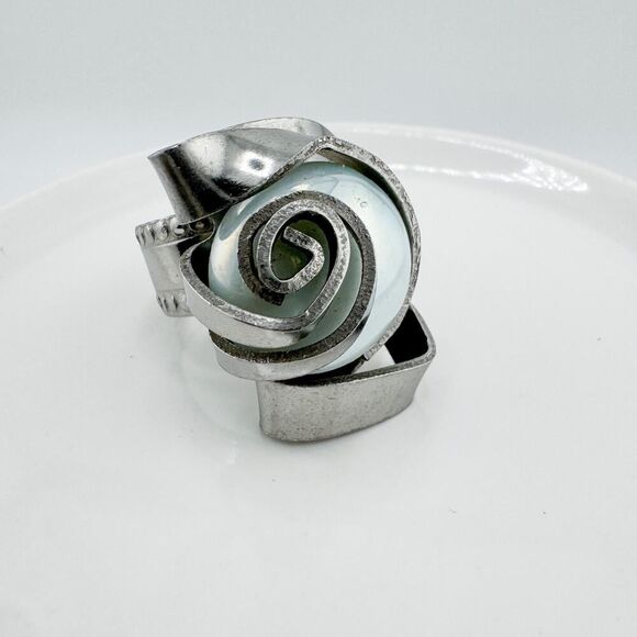 Vintage Swirl Fork Ring Iridescent Stone Handmade Unique Artisan Statement - Picture 6 of 11